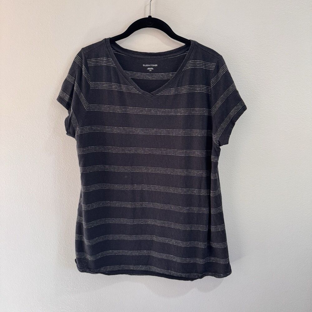 Eileen Fisher T-shirt Blouse L Black White Stripe Hemp Organic Cotton V-neck